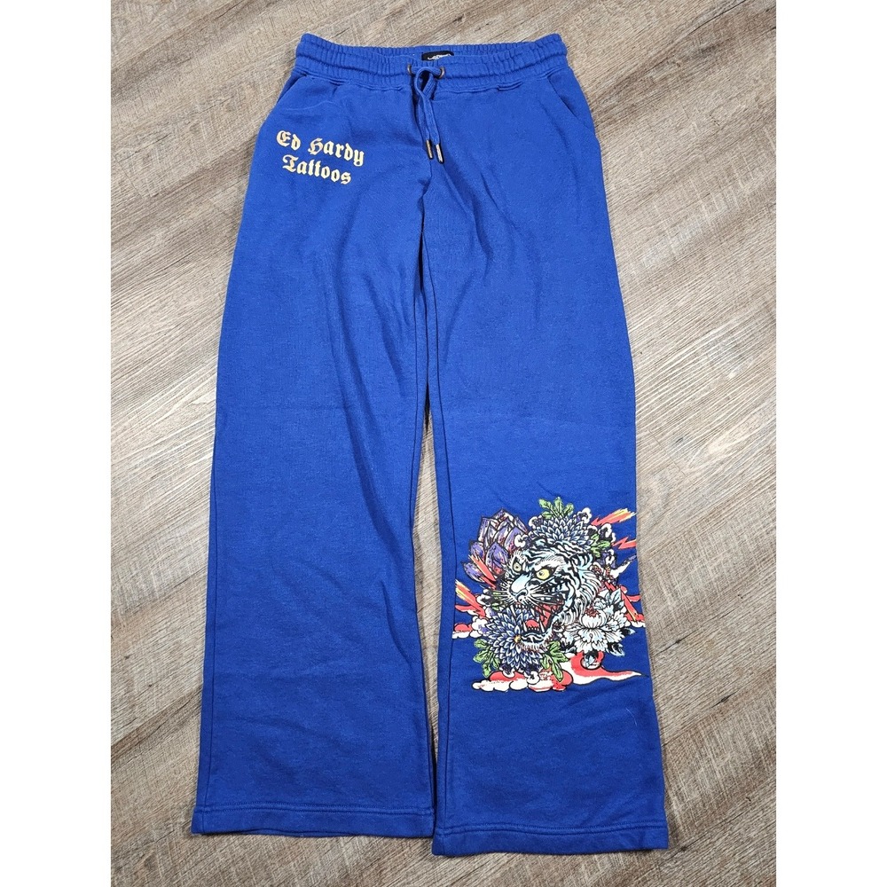 Ed Hardy Tattoos Royal Blue Wide Leg Sweatpants Tiger Graphic Y2K Small - Picture 2 of 9